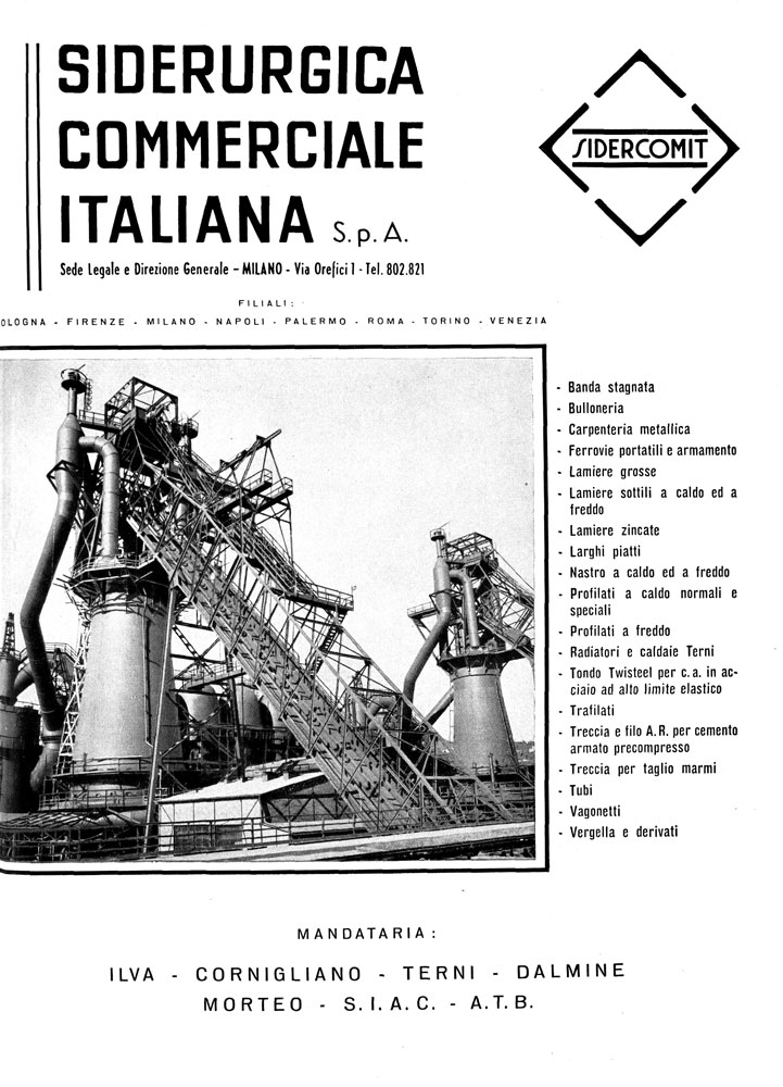 Pubblicità Sidercomit pubblicata nel 1954 su Via: rivista mensile edita dall’Automobile Club di Milano (fonte: ACI) 