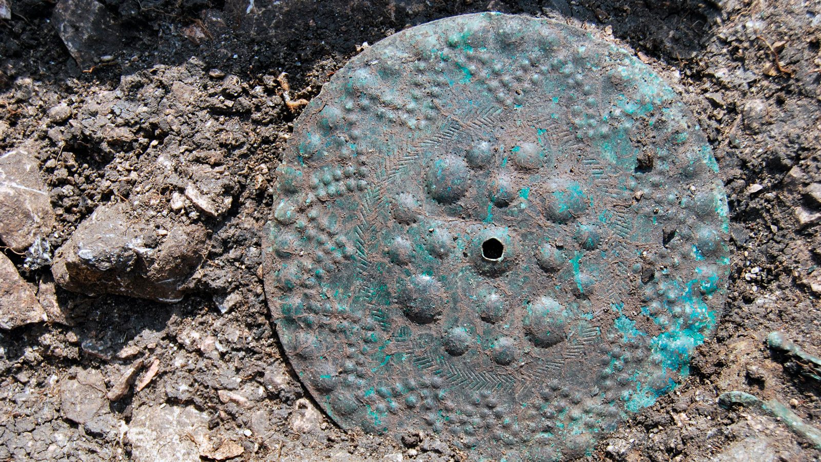 Serravalle di Chienti (MC). Disco in bronzo dal corredo della tomba n.6 (sepoltura femminile) in corso di scavo (fonte: Archeolog Onlus)