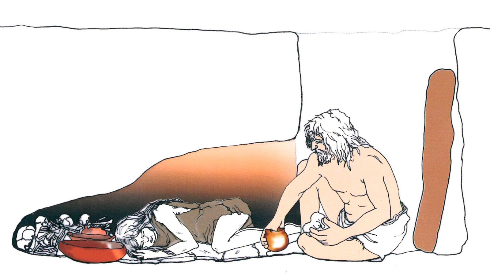 Ricostruzione di uno dei rituali di deposizione, disegno di Armanda Zingariello (fonte: Anas, L’archeologia si fa strada. Scavi, scoperte e tesori lungo le vie d’Italia, 2017)